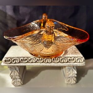 Antique, Fenton bird/dove handle bowl. Pink depression glass, circa 1930s